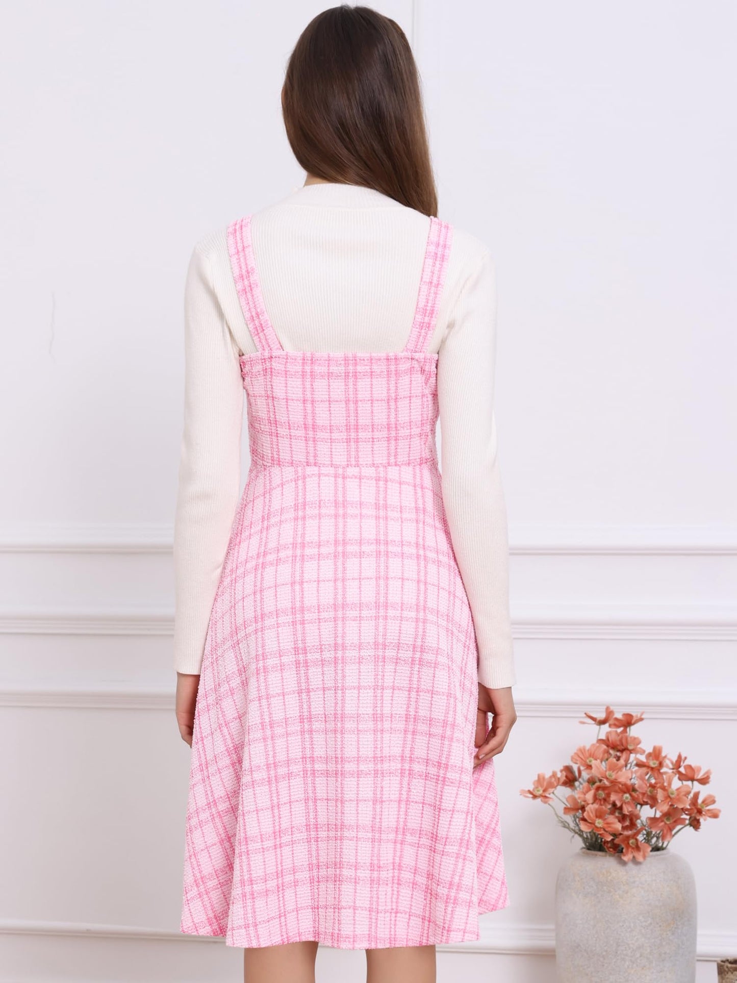 Allegra K Tweed Dress for Women Sleeveless Square Neck Plaid A-Line Pinafore Overall Dresses