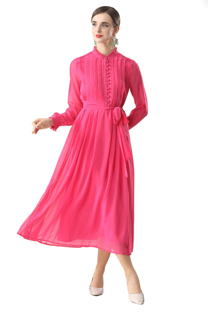 Women's 2026 Spring Fall Midi Dress with Belt Casual Long Sleeve Lace V Neck Pleated A Line Flowy Dresses for Work or Daily