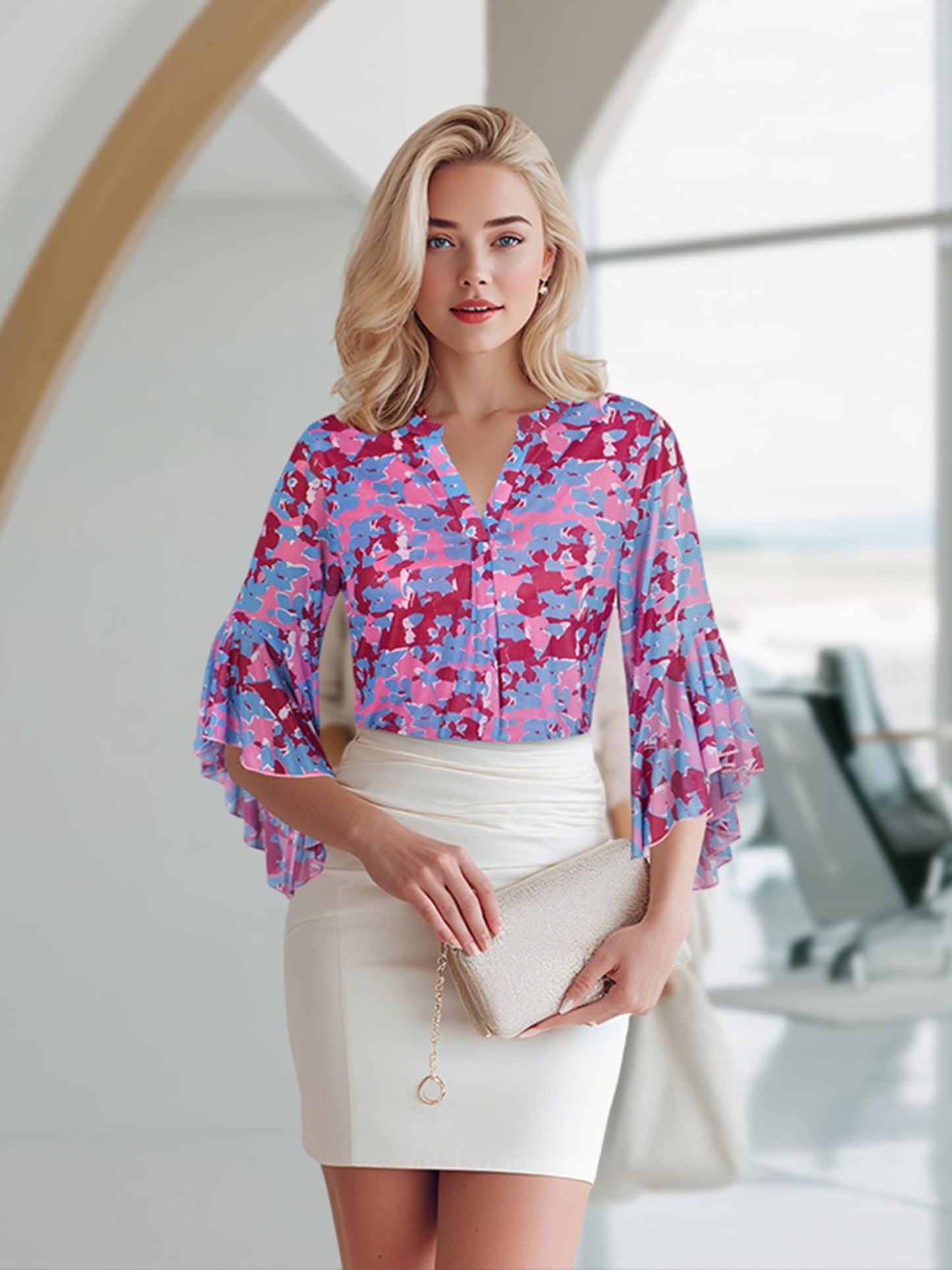Ninedaily Womens Sparkly Tops 3/4 Sleeve Dressy Casual Sequin Blouses Double Layers Loose V Neck Shirt