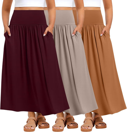 Ficerd 3 Pack Plus Size Maxi Skirts for Curvy Women Pockets Casual 2026 Boho Summer Flowy Long Skirt a Line High Waist Dress