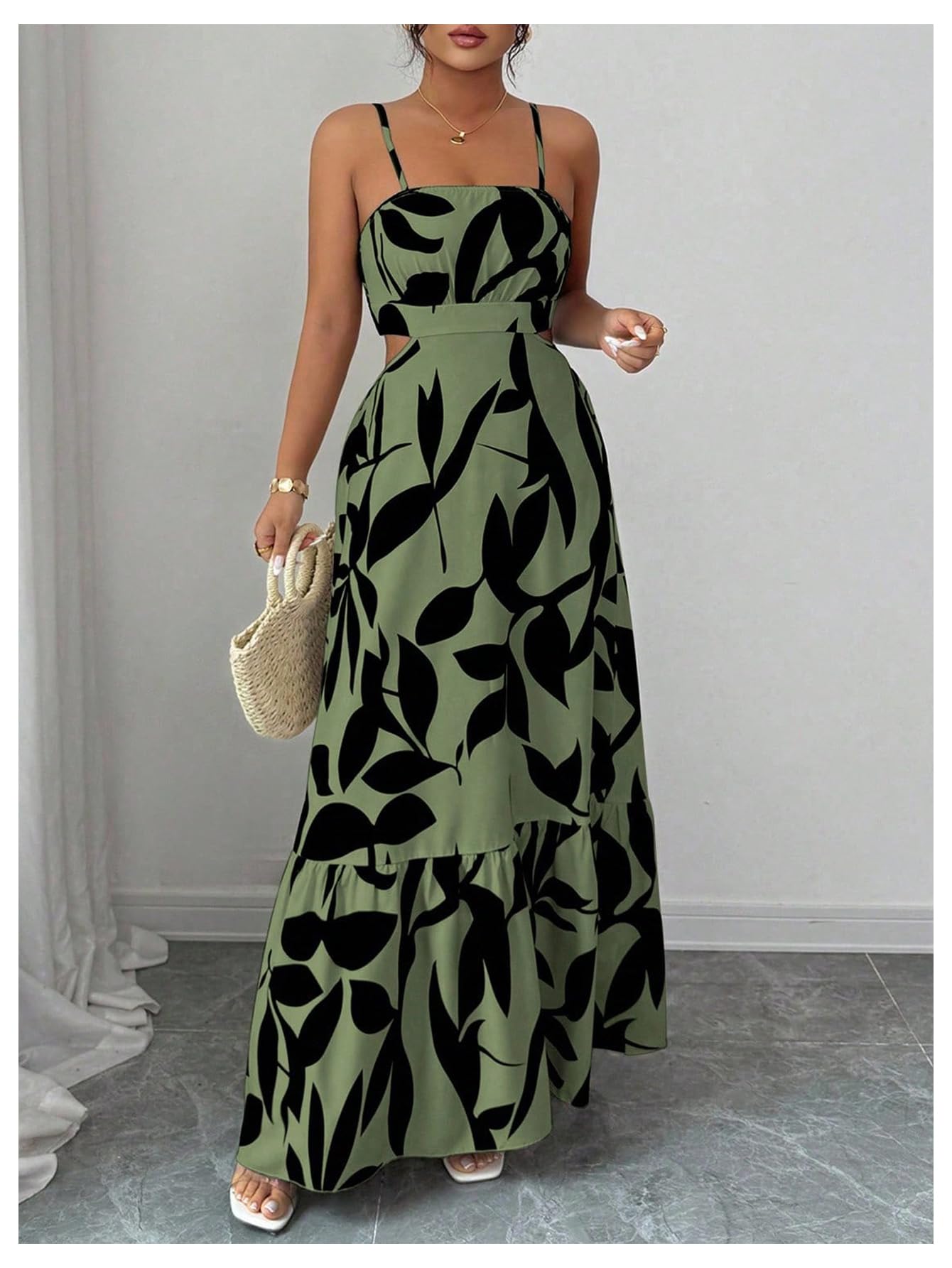 OYOANGLE Women's Cut Out Floral Print Tropical Maxi Cami Dress Ruffle Flowy Summer Vacation Spaghetti Strap Sundress