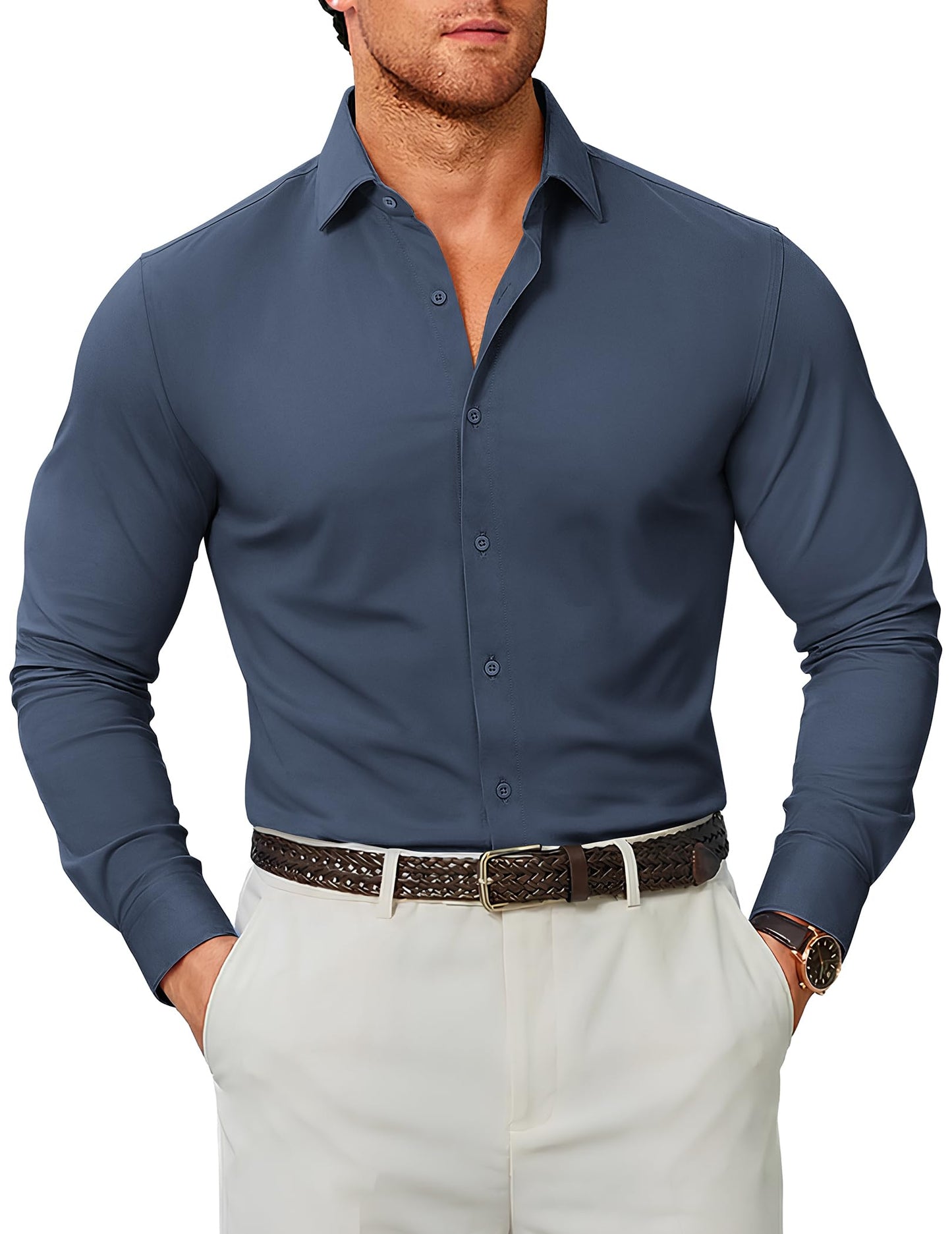 COOFANDY Mens Stretch Dress Shirts Muscle Fit Wrinkle Free Long Sleeve Button Down Shirt Business Casual Shirts