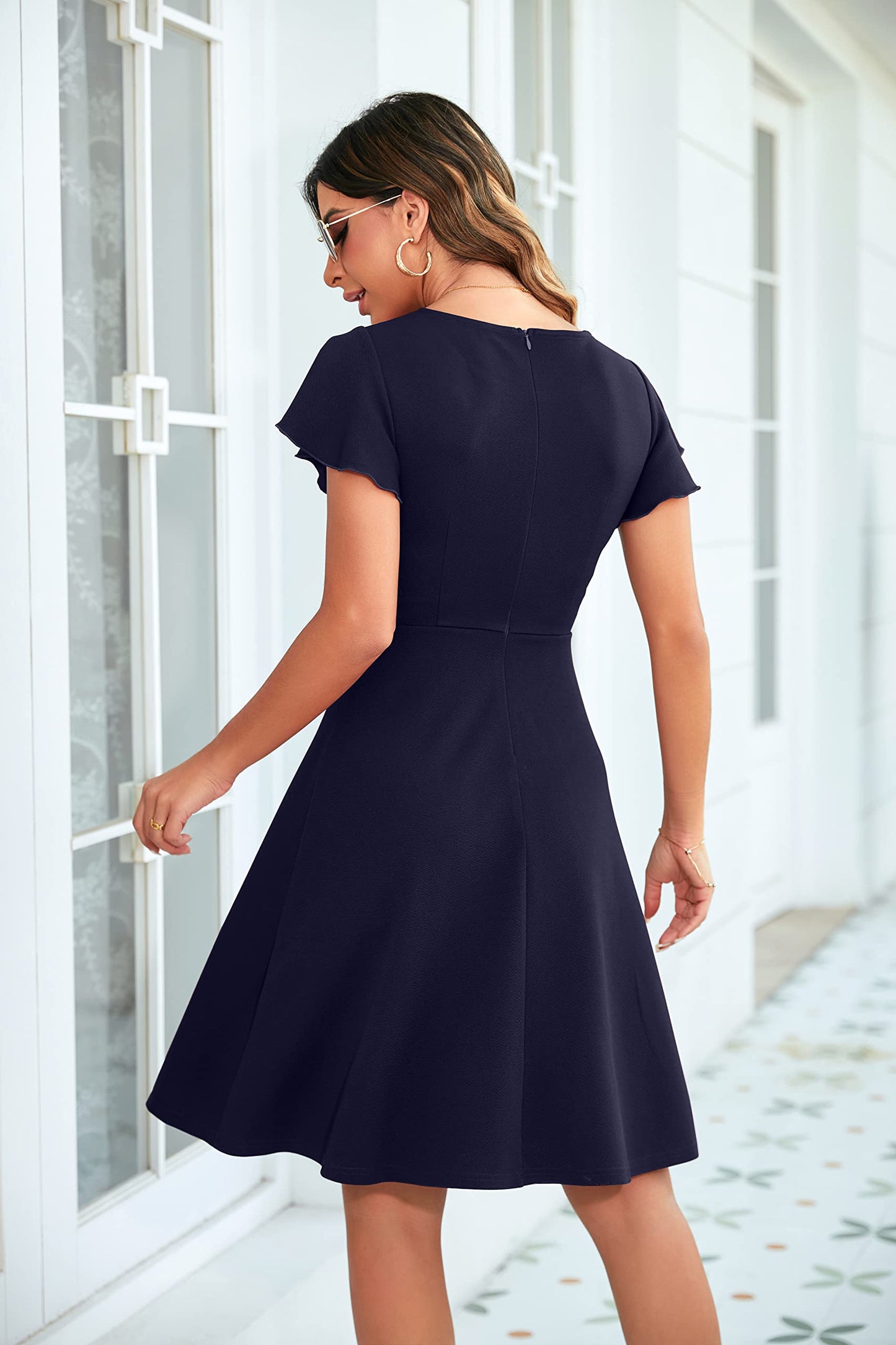OWIN Womens 2026 Elegant Ruffle Sleeve Flared A Line Swing Casual Party Cocktail Dresses