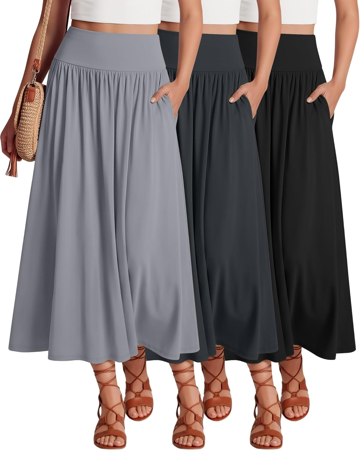 Ficerd 3 Pack Maxi Long Skirts for Women, Ankle Length High Waisted Pleated Flowy a Line Summer Casual Skirts with Pockets
