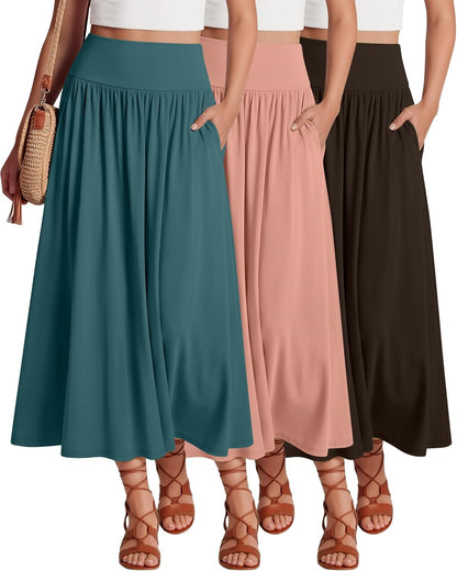 Ficerd 3 Pack Maxi Long Skirts for Women, Ankle Length High Waisted Pleated Flowy a Line Summer Casual Skirts with Pockets