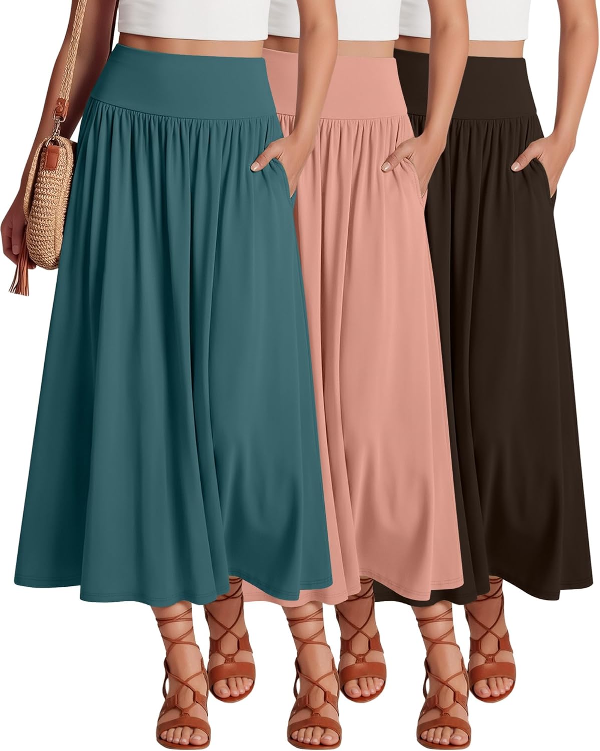 Ficerd 3 Pack Maxi Long Skirts for Women, Ankle Length High Waisted Pleated Flowy a Line Summer Casual Skirts with Pockets