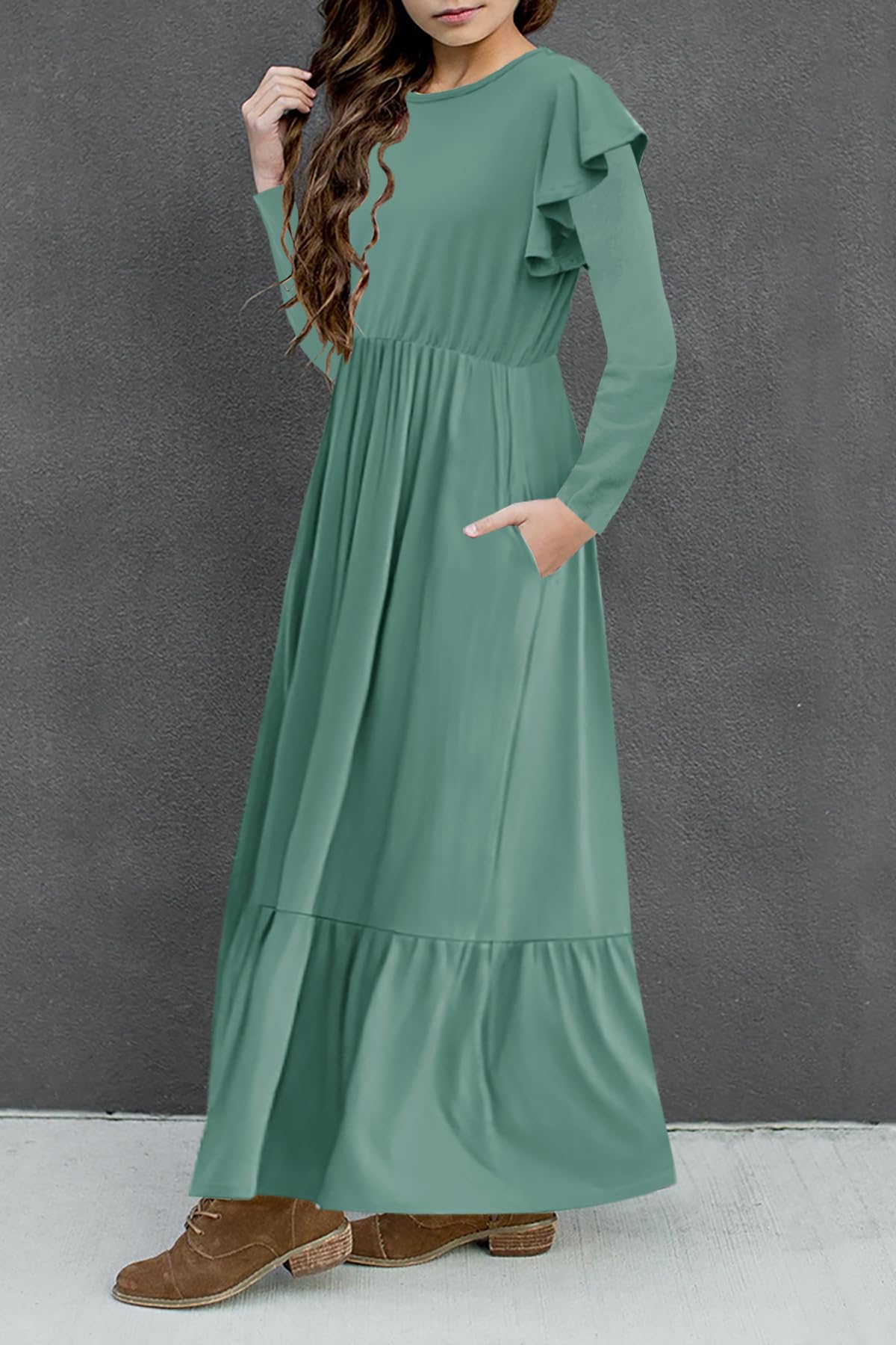 HOSIKA Girls Fall Ruffle Long Sleeve Crew Neck Loose Casual Flowy Tiered Maxi Dress with Pockets for 6-12 Y