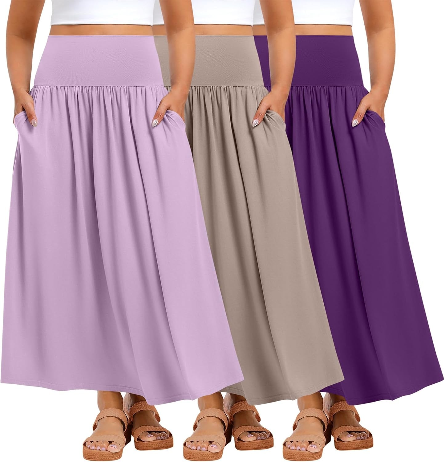 Ficerd 3 Pack Plus Size Maxi Skirts for Curvy Women Pockets Casual 2026 Boho Summer Flowy Long Skirt a Line High Waist Dress