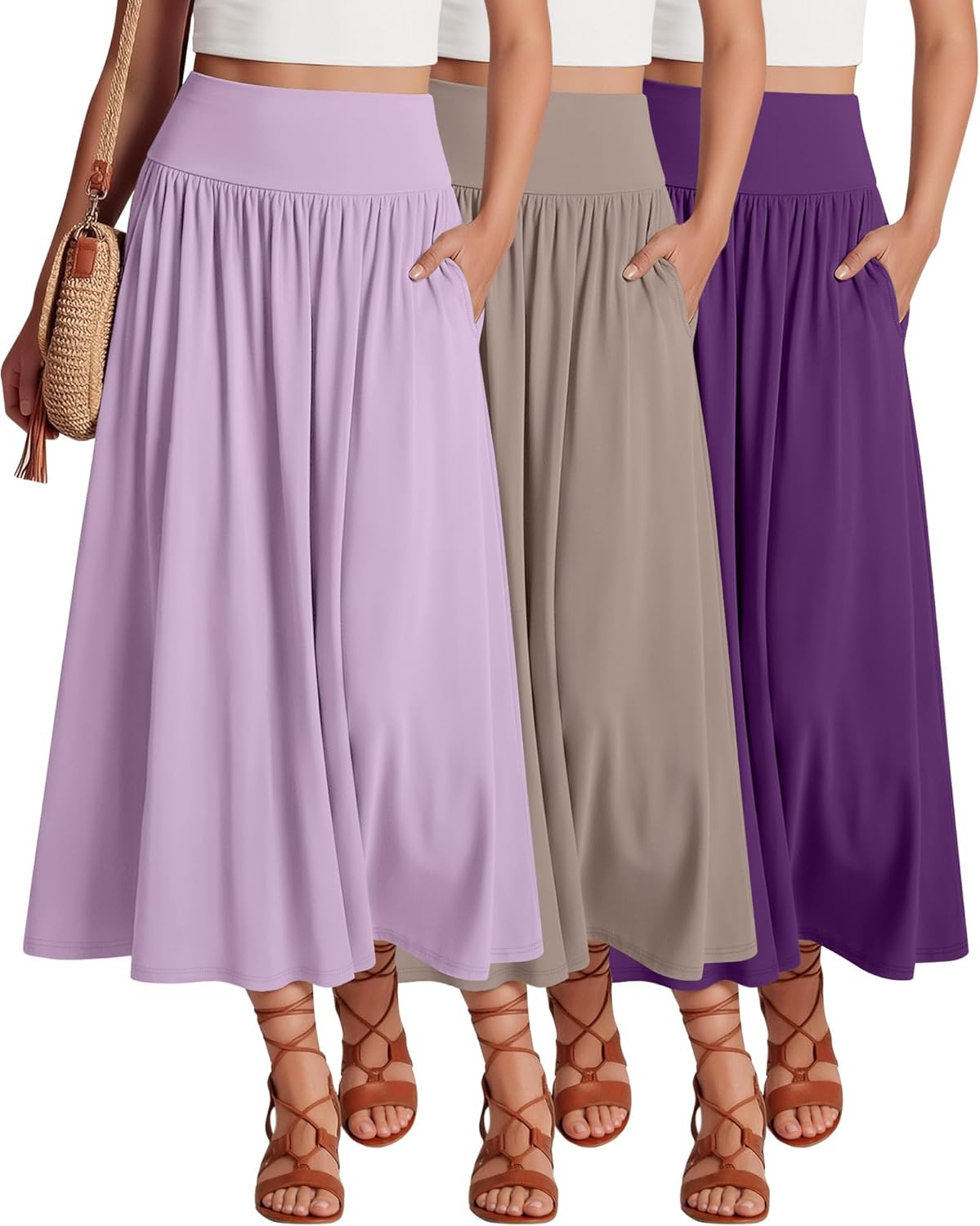Ficerd 3 Pack Maxi Long Skirts for Women, Ankle Length High Waisted Pleated Flowy a Line Summer Casual Skirts with Pockets