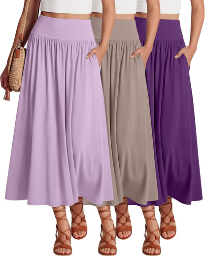Ficerd 3 Pack Maxi Long Skirts for Women, Ankle Length High Waisted Pleated Flowy a Line Summer Casual Skirts with Pockets