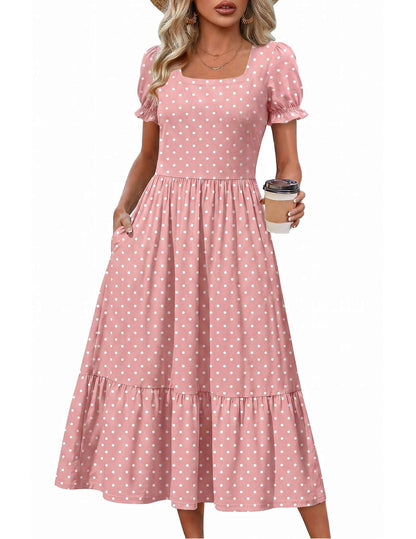 Zeagoo Summer Dresses for Women Flowy Casual Midi Dress Short Sleeve Tiered Dress Beach Vacation Sundresses with Pockets