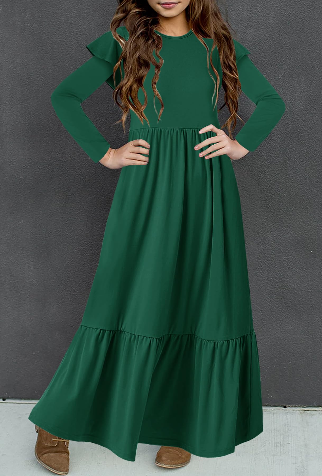 HOSIKA Girls Fall Ruffle Long Sleeve Crew Neck Loose Casual Flowy Tiered Maxi Dress with Pockets for 6-12 Y