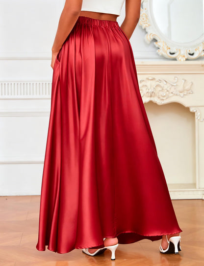MAKABO Maxi Satin Skirts for Womens High Waisted Flowy Long A line Skirt Trendy for Office Holiday Party