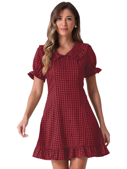 Allegra K Women's Gingham Checks Ruffled Peter Pan Collar Cute Mini Dress