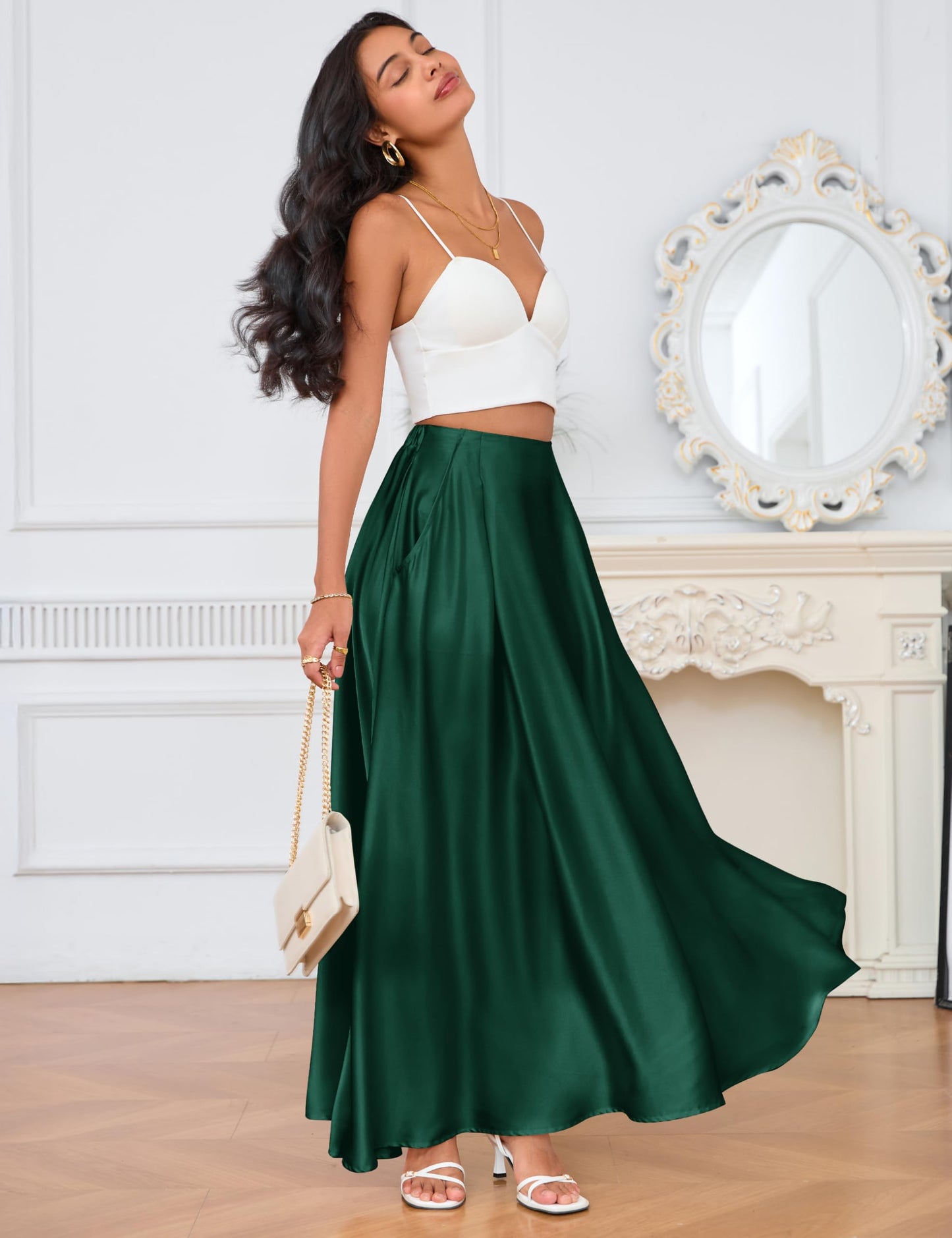 MAKABO Maxi Satin Skirts for Womens High Waisted Flowy Long A line Skirt Trendy for Office Holiday Party