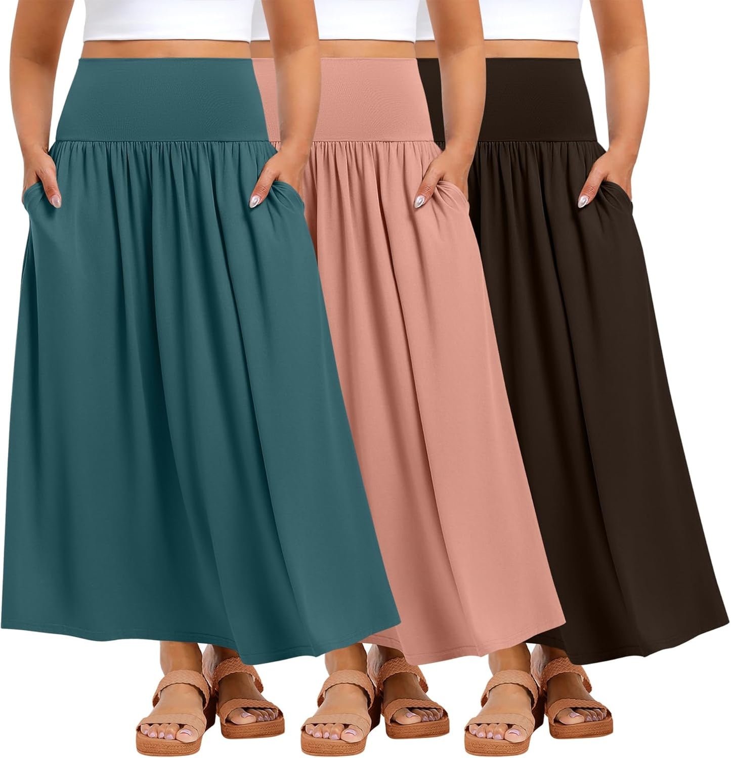 Ficerd 3 Pack Plus Size Maxi Skirts for Curvy Women Pockets Casual 2026 Boho Summer Flowy Long Skirt a Line High Waist Dress