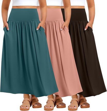 Ficerd 3 Pack Plus Size Maxi Skirts for Curvy Women Pockets Casual 2026 Boho Summer Flowy Long Skirt a Line High Waist Dress