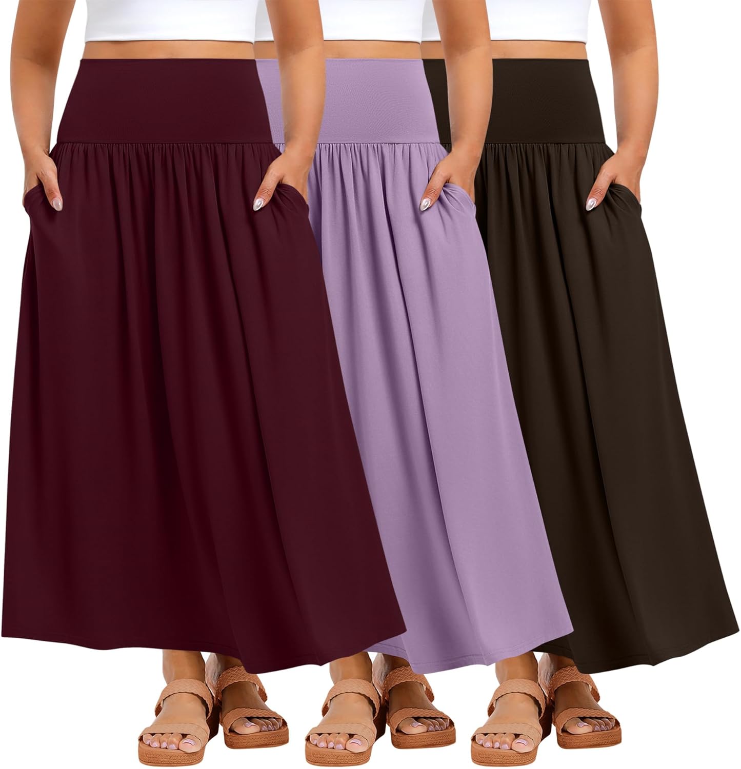Ficerd 3 Pack Plus Size Maxi Skirts for Curvy Women Pockets Casual 2026 Boho Summer Flowy Long Skirt a Line High Waist Dress