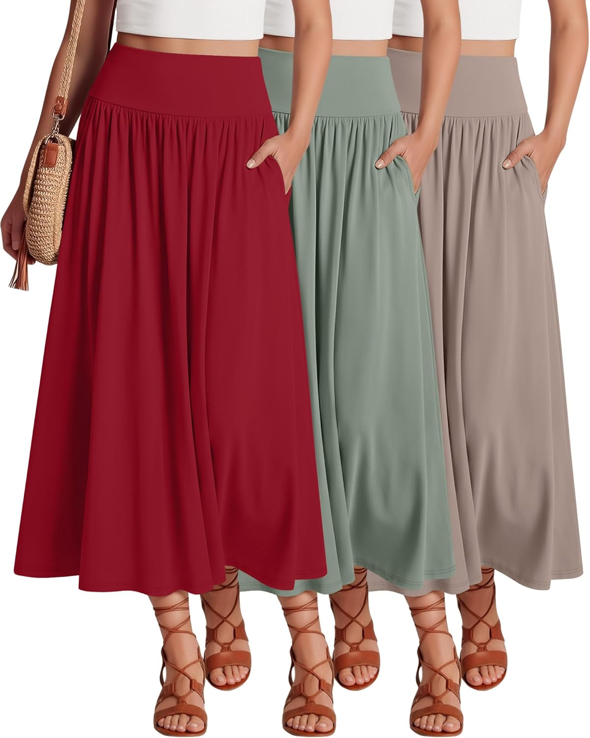 Ficerd 3 Pack Maxi Long Skirts for Women, Ankle Length High Waisted Pleated Flowy a Line Summer Casual Skirts with Pockets