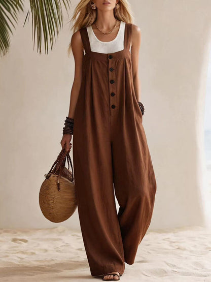 Women's Bohemian Suspender Jumpsuit with Button & Patchwork Detail