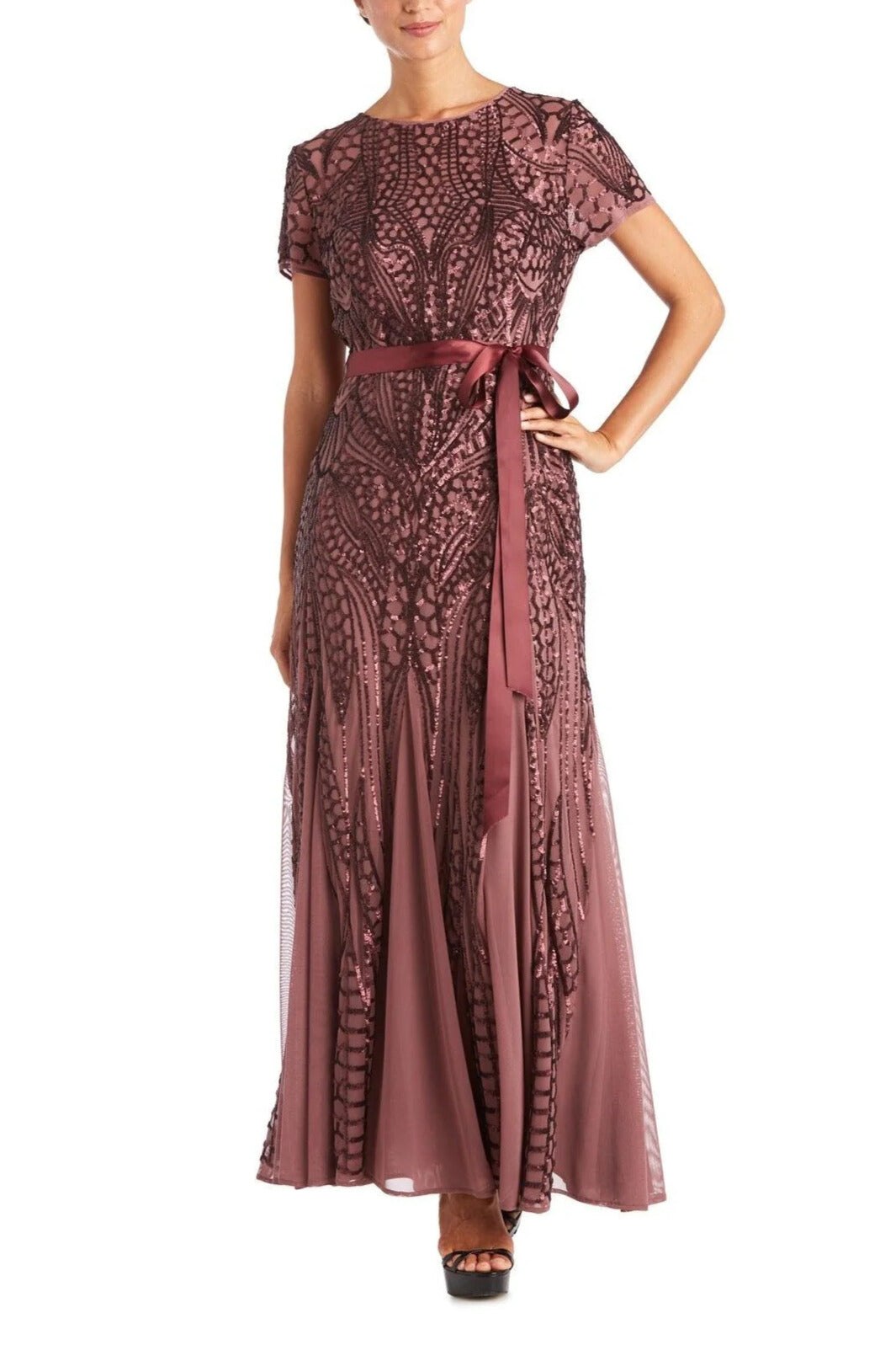 R&M Richards Round Neckline Short Sleeves Sating Waist Sash Mesh Godets Skirt Radiant Sequin Gown Dress