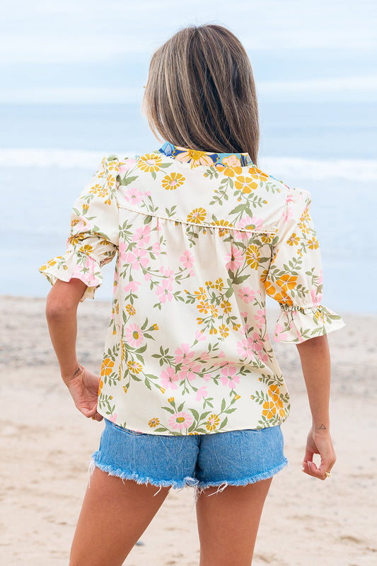 Luxury Multicolour Crochet V Neck Half Sleeve Boho Floral Blouse