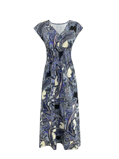 Printed V-Neck Cap Sleeve Maxi Dress