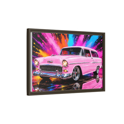 Pink Classic Station Wagon Canvas Print — Retro Car Wall Art, Framed Matte Multi‑Color Splash