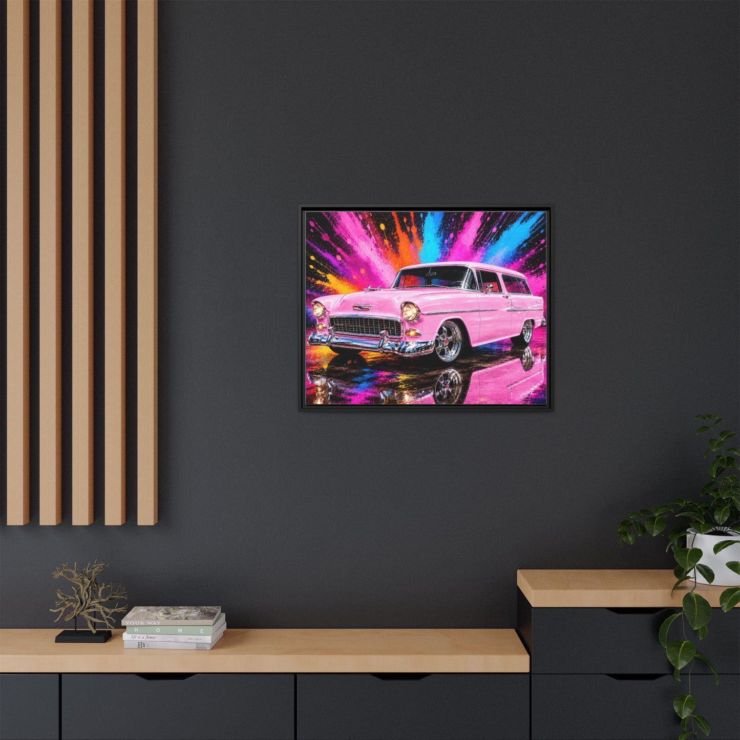 Pink Classic Station Wagon Canvas Print — Retro Car Wall Art, Framed Matte Multi‑Color Splash