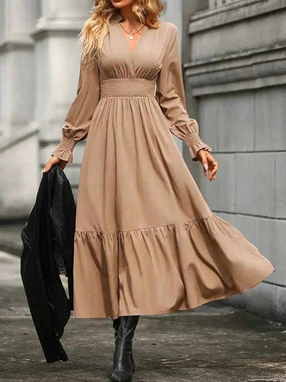 Notched Long Sleeve Tiered Dress