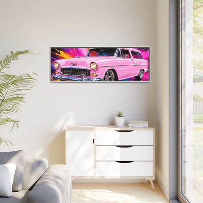 Pink Classic Station Wagon Canvas Print — Retro Car Wall Art, Framed Matte Multi‑Color Splash
