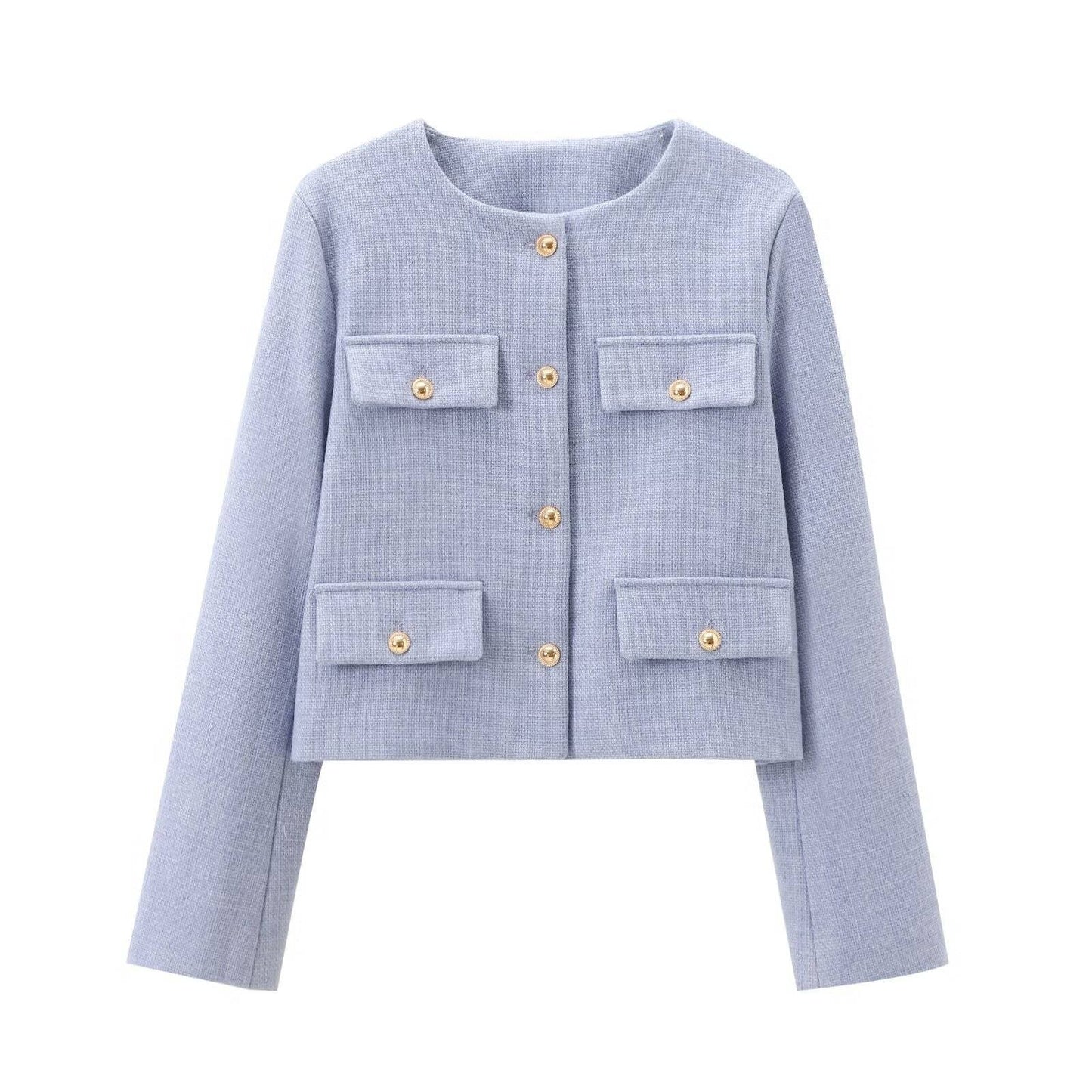 Pocket-decorated Crew-neck Cropped Chic Chanel-style Jacket Top