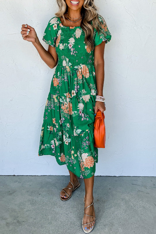 Luxury Floral Print Bubble Sleeve Smocked Tiered Midi Dress