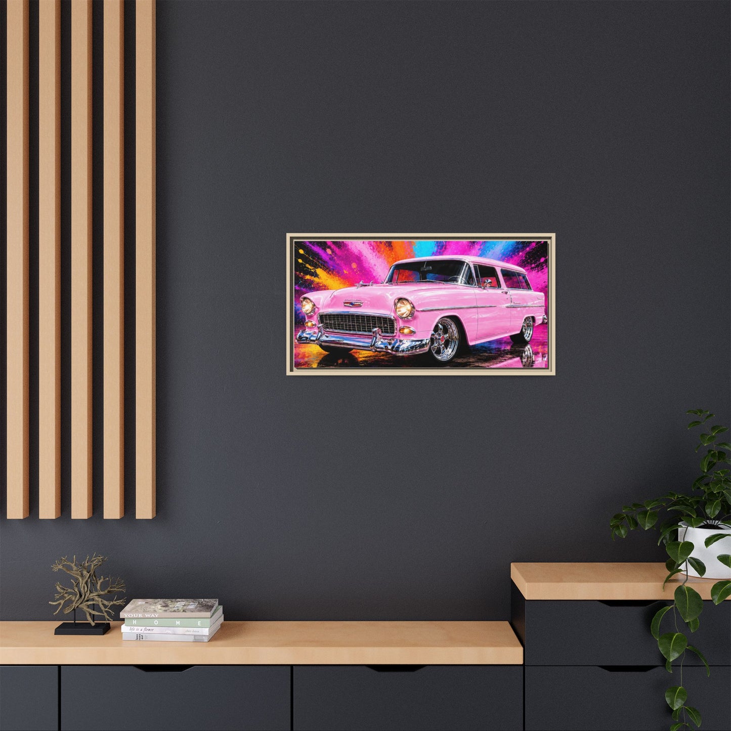 Pink Classic Station Wagon Canvas Print — Retro Car Wall Art, Framed Matte Multi‑Color Splash