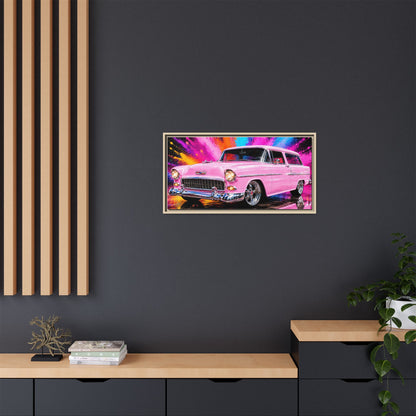 Pink Classic Station Wagon Canvas Print — Retro Car Wall Art, Framed Matte Multi‑Color Splash