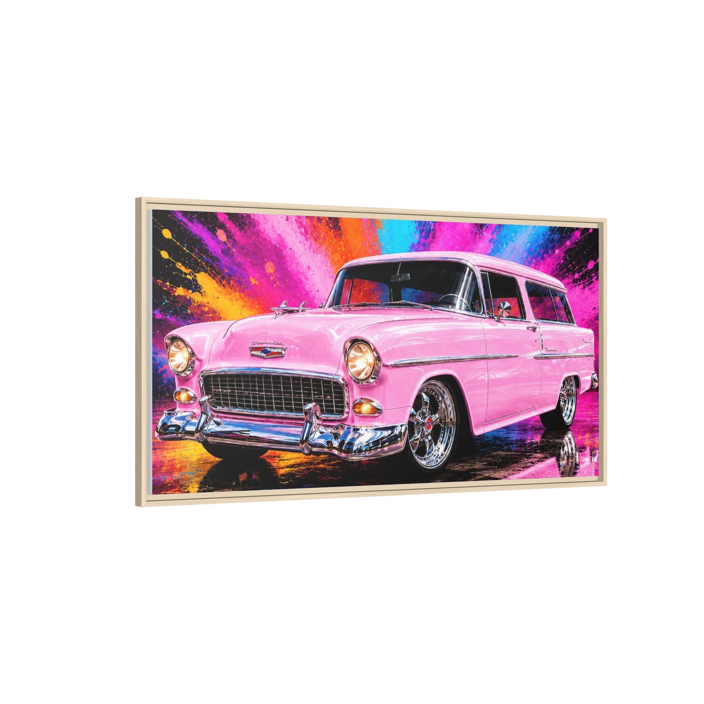 Pink Classic Station Wagon Canvas Print — Retro Car Wall Art, Framed Matte Multi‑Color Splash
