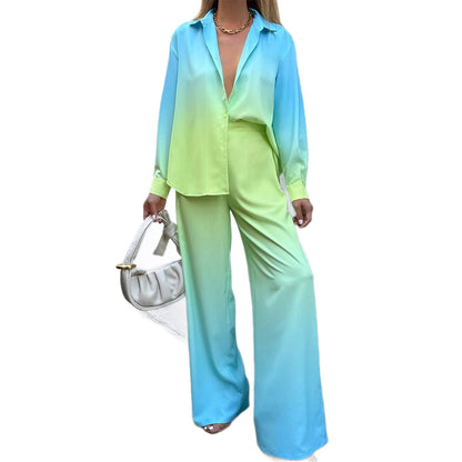 Gradient Color Shirt Wide-Leg Pants Set for Women, Fashionable Commute Chic Two-Piece Outfit