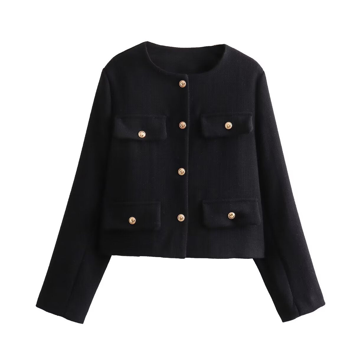 Pocket-decorated Crew-neck Cropped Chic Chanel-style Jacket Top