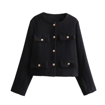 Pocket-decorated Crew-neck Cropped Chic Chanel-style Jacket Top