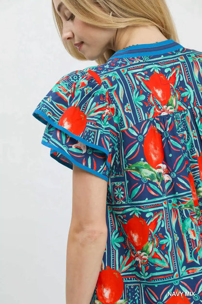 Umgee Abstract Print Flutter Sleeve Blouse