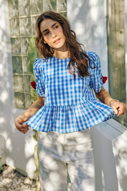 SO ME 4th Of July Gingham Ribbon Detail Short Sleeves Blouse