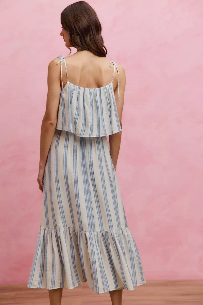 Stripe Tiered Shoulder Tie Midi Lined Dress
