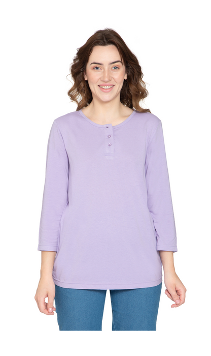Women's 3/4 sleeves Henley in Cotton Blend with Button Placket