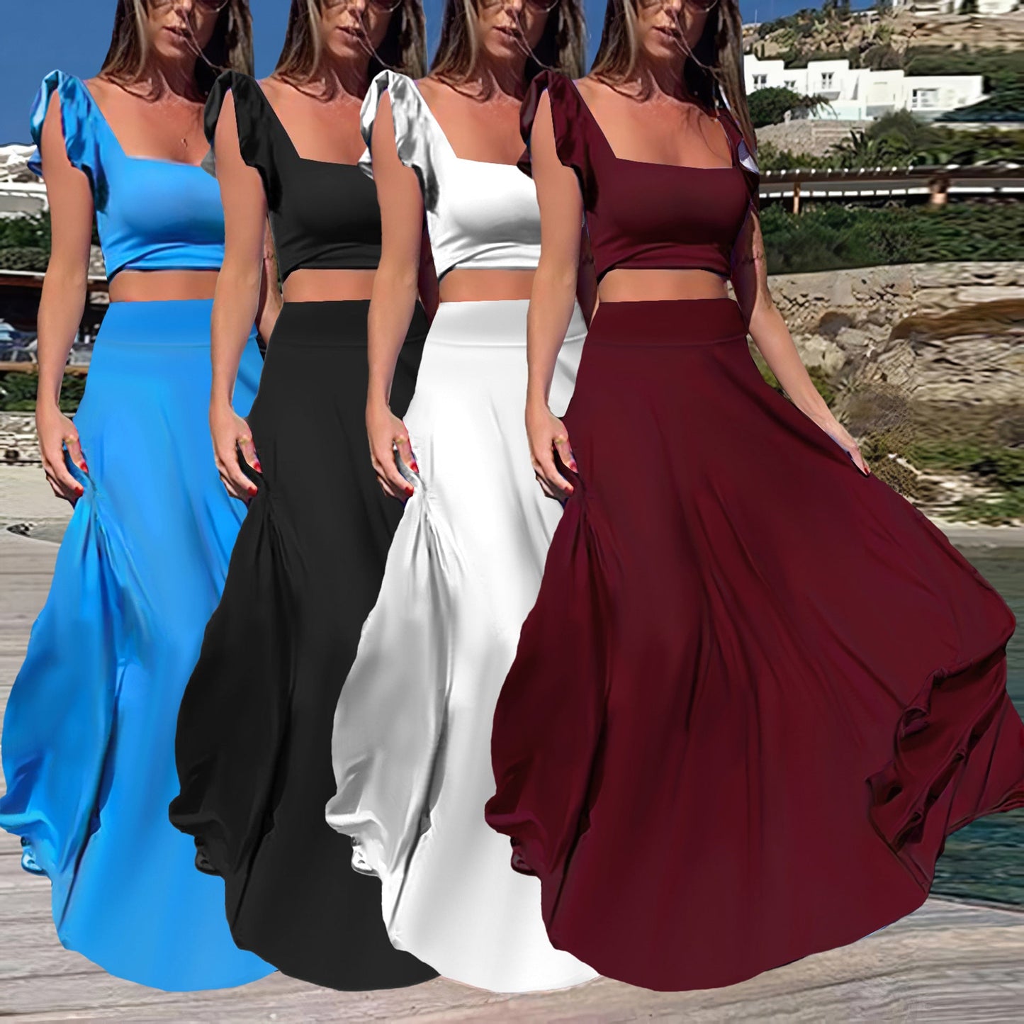 Solid color long skirt two-piece set