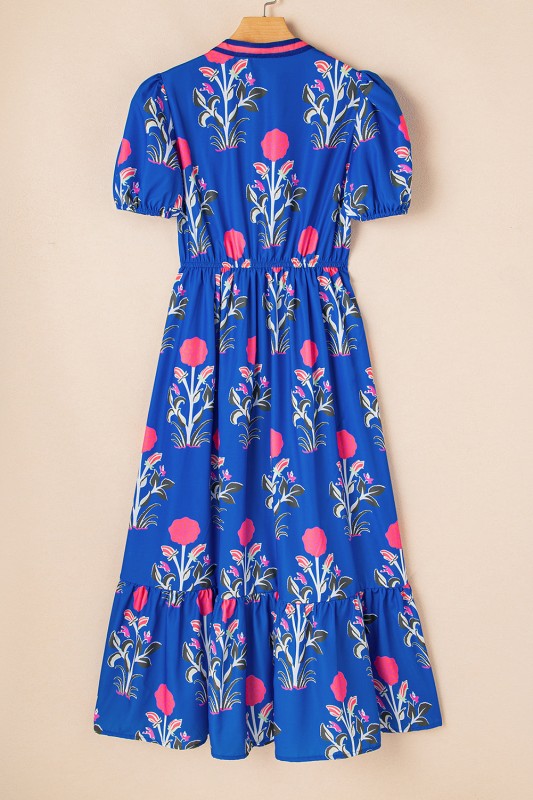 Julietta Floral Puff Short Sleeve V Neck High Waist Dress