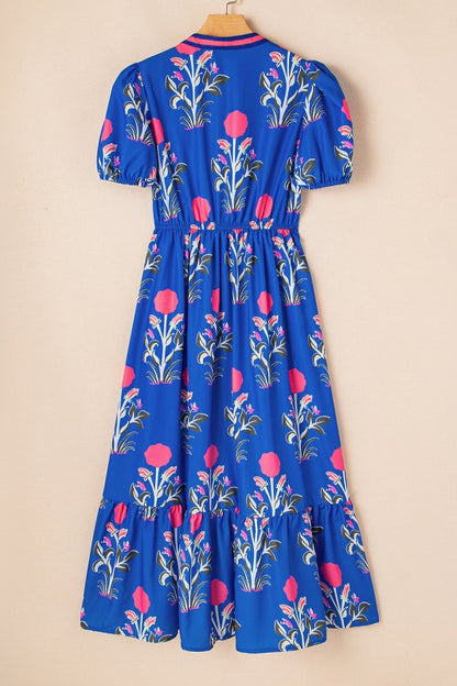 Julietta Floral Puff Short Sleeve V Neck High Waist Dress