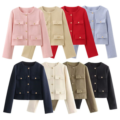 Pocket-decorated Crew-neck Cropped Chic Chanel-style Jacket Top