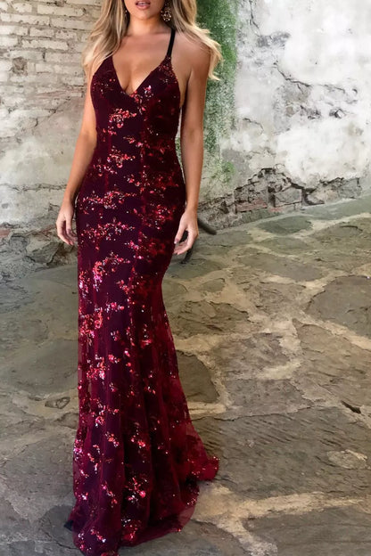 Sequin Tie Back V-Neck Maxi Dress