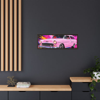 Pink Classic Station Wagon Canvas Print — Retro Car Wall Art, Framed Matte Multi‑Color Splash