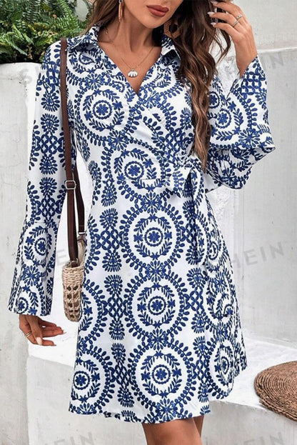 Blue Floral Print V-Neck Knot Long Sleeve Midi Dress